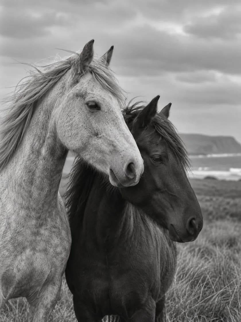 A black-and-white photograph of two horses standing together in windswept coastal grassland
